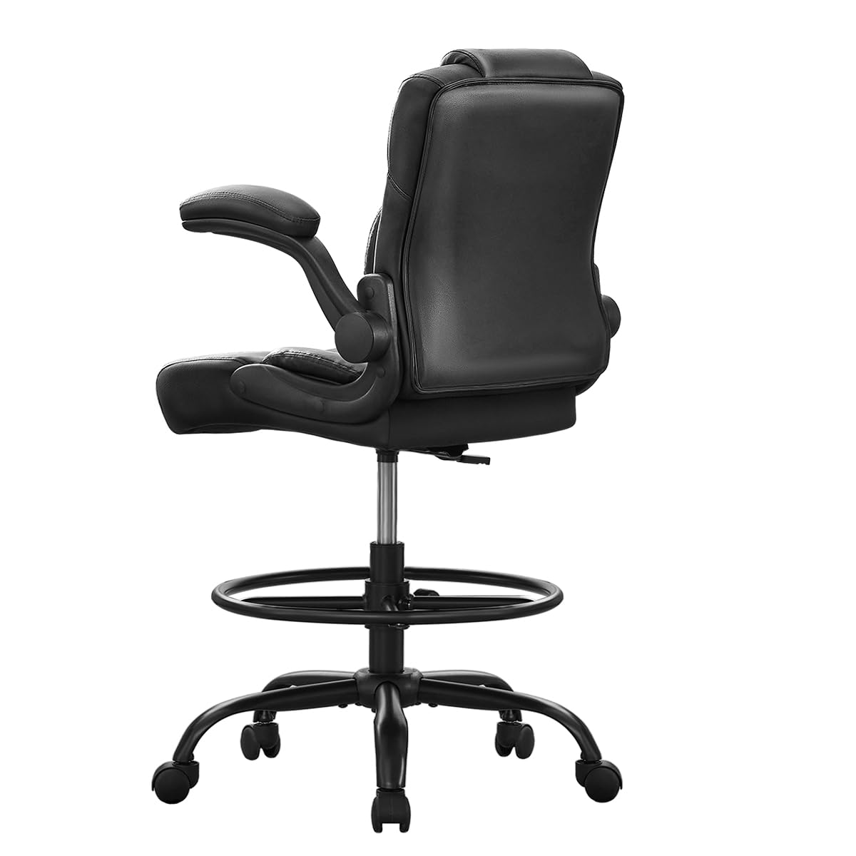 Wanbei Big & Tall Ergonomic High Back Leather Office Chair, Adjustable Height Flip-Up Armrest Executive Computer Chair for Standing & Counter Height Desk, Black