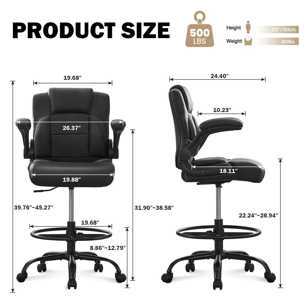 Wanbei Big & Tall Ergonomic High Back Leather Office Chair, Adjustable Height Flip-Up Armrest Executive Computer Chair for Standing & Counter Height Desk, Black