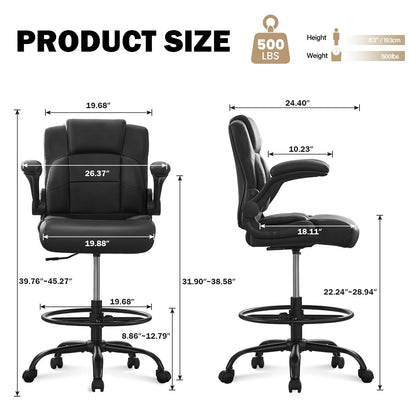 Wanbei Big & Tall Ergonomic High Back Leather Office Chair, Adjustable Height Flip-Up Armrest Executive Computer Chair for Standing & Counter Height Desk, Black