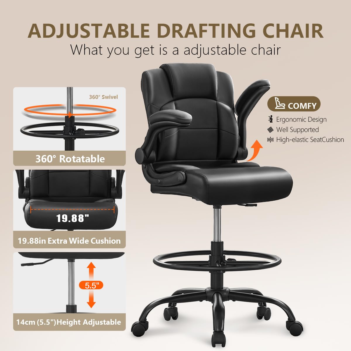 Wanbei Big & Tall Ergonomic High Back Leather Office Chair, Adjustable Height Flip-Up Armrest Executive Computer Chair for Standing & Counter Height Desk, Black
