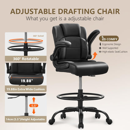 Wanbei Big & Tall Ergonomic High Back Leather Office Chair, Adjustable Height Flip-Up Armrest Executive Computer Chair for Standing & Counter Height Desk, Black