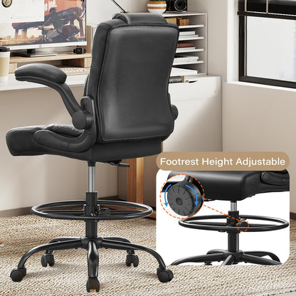 Wanbei Big & Tall Ergonomic High Back Leather Office Chair, Adjustable Height Flip-Up Armrest Executive Computer Chair for Standing & Counter Height Desk, Black
