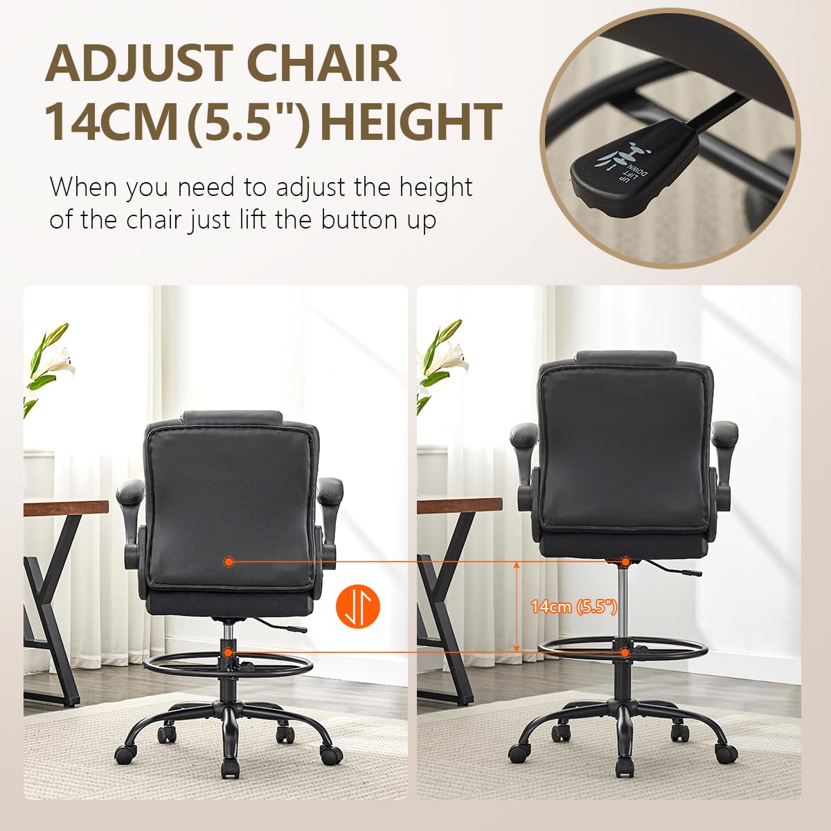 Wanbei Big & Tall Ergonomic High Back Leather Office Chair, Adjustable Height Flip-Up Armrest Executive Computer Chair for Standing & Counter Height Desk, Black