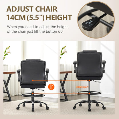 Wanbei Big & Tall Ergonomic High Back Leather Office Chair, Adjustable Height Flip-Up Armrest Executive Computer Chair for Standing & Counter Height Desk, Black