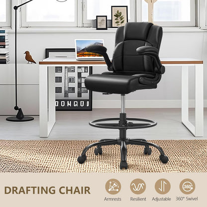 Wanbei Big & Tall Ergonomic High Back Leather Office Chair, Adjustable Height Flip-Up Armrest Executive Computer Chair for Standing & Counter Height Desk, Black