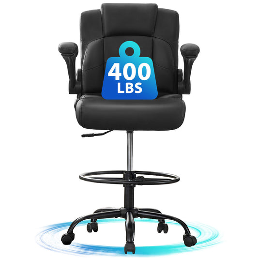 Wanbei Big & Tall Ergonomic High Back Leather Office Chair, Adjustable Height Flip-Up Armrest Executive Computer Chair for Standing & Counter Height Desk, Black
